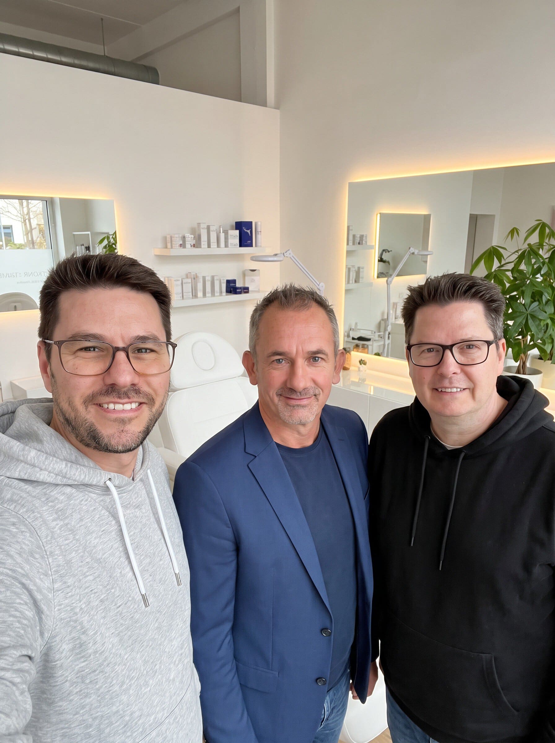 Drei Männer in moderner Praxis beim Selfie